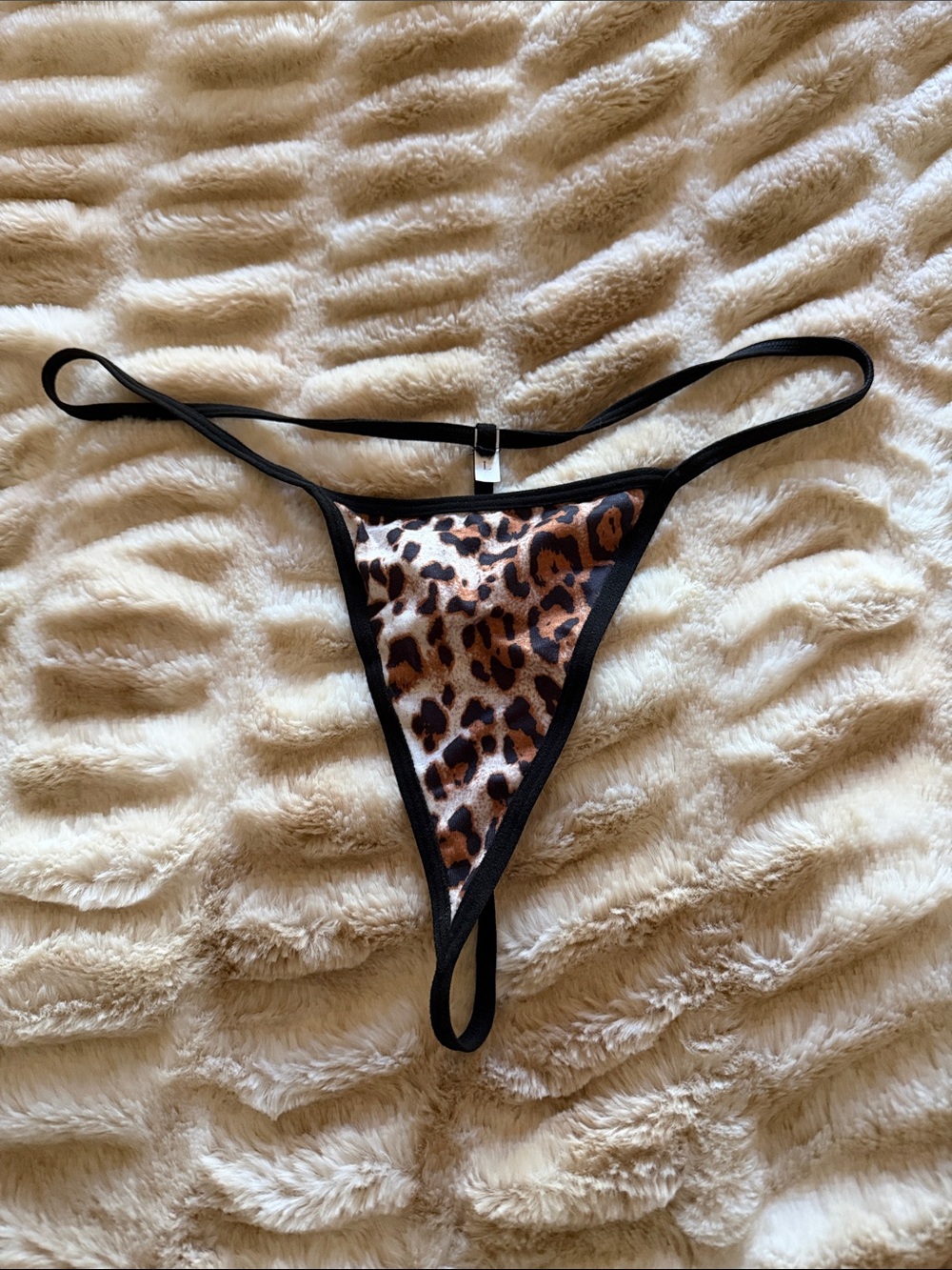 Leopard Print Satin Thong with Black Trim